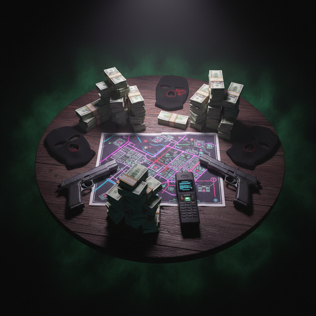 Overhead heist table — cash, masks and the city map laid out for the score